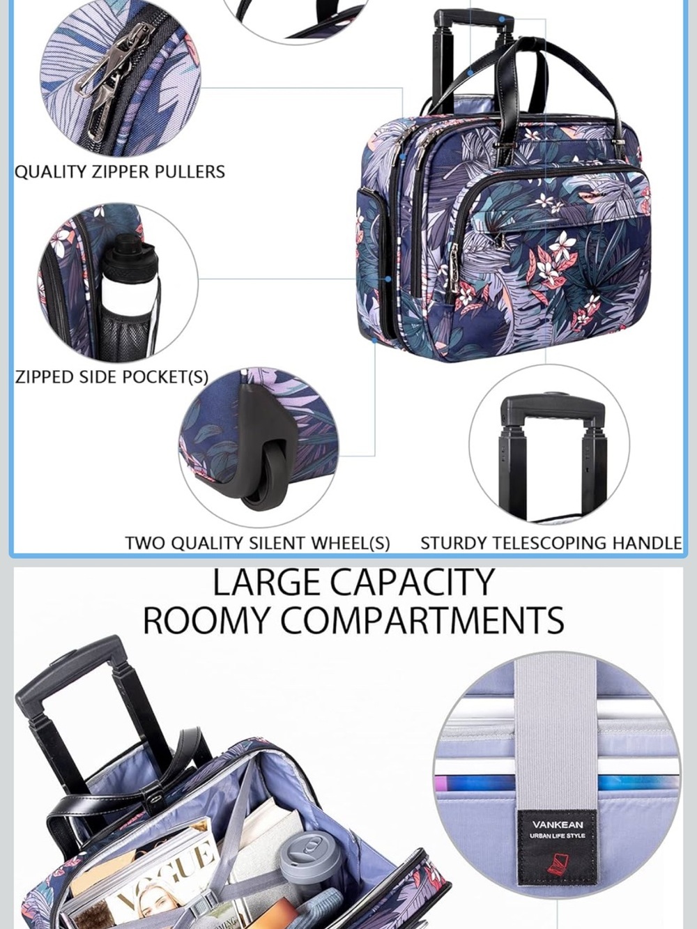 VANKEAN Rolling Laptop Case Premium Rolling Travel Luggage Bag Floral RFID - Picture 5 of 14